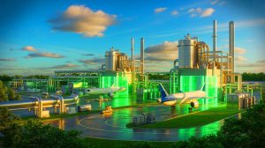 Illustration de la production de carburant d'aviation durable à partir d'éthanol, créée par intelligence artificielle.