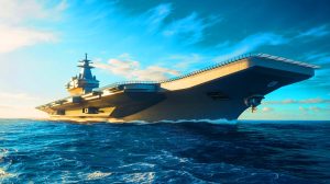 Illustration de la conception du plus grand porte-avion d'Europe par la France, réalisée par intelligence artificielle.