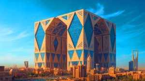 Illustration de la conception du Mukaab à Riyad, un projet architectural futuriste, générée par intelligence artificielle.