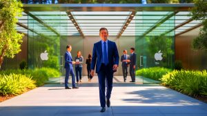 Illustration de la réorganisation stratégique chez Apple après le départ de Jeff Williams, générée par intelligence artificielle.