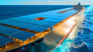 Illustration de Yuanhai Kou, le plus grand navire de transport de véhicules au monde, propulsé par énergie solaire, générée par intelligence artificielle.
