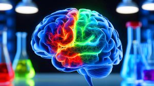 Illustration de l'interaction entre le glycogène et les protéines tau dans le cerveau, générée par intelligence artificielle.