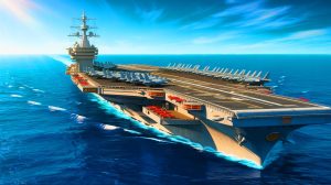 Illustration de l'USS Gerald R. Ford, le plus grand porte-avions du monde, générée par intelligence artificielle.