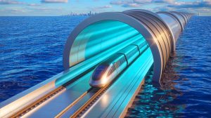 Illustration de l'ambitieux projet de tunnel transatlantique reliant Londres à New York, générée par intelligence artificielle.