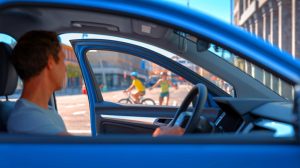 Illustration de la méthode d'ouverture de portière avec la main droite pour protéger les cyclistes, générée par intelligence artificielle.