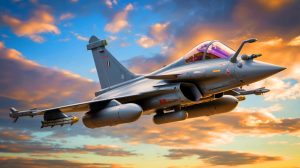 Illustration de l'avion de chasse Rafale équipé de son arme magique, générée par intelligence artificielle.