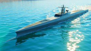 Illustration de l'innovant navire autonome Needlefish intégré au réseau de surveillance maritime, générée par intelligence artificielle.
