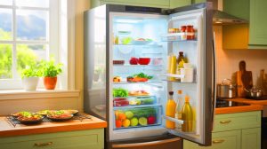 Illustration de l'impact des gestes quotidiens en cuisine sur la consommation énergétique du réfrigérateur, générée par intelligence artificielle.