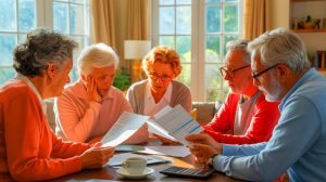 Illustration de retraités français confrontés à des anomalies de revalorisation de leur pension. Image réalisée par IA.