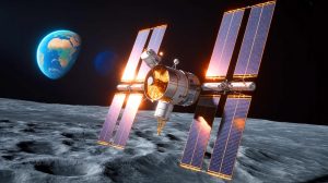 Illustration de la station spatiale lunaire Gateway de la NASA avec des panneaux solaires enroulables, générée par intelligence artificielle.