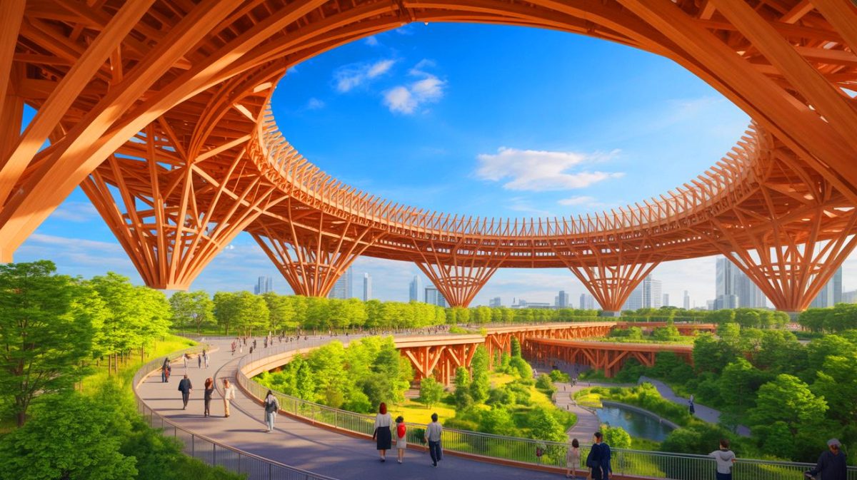 Deux kilomètres de circonférence : l’incroyable structure en bois de l’Exposition universelle d’Osaka dépasse toutes les attentes architecturales mondiales Illustration de la plus grande structure en bois du monde, le « Grand Anneau » à l'Exposition universelle d'Osaka. Image réalisée par IA.
