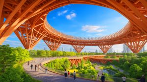 Illustration de la plus grande structure en bois du monde, le « Grand Anneau » à l'Exposition universelle d'Osaka. Image réalisée par IA.