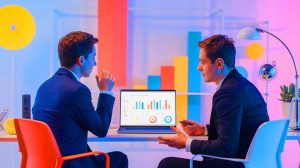 Illustration de deux entrepreneurs français ayant transformé un petit investissement en une entreprise prospère, générée par intelligence artificielle.
