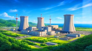 Illustration de la relance potentielle du nucléaire au Japon après la pause post-Fukushima, créée par intelligence artificielle.