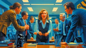 Illustration de Lorna Rooke comparée à Dark Vador, une création générée par intelligence artificielle.