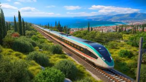Illustration de la connexion ferroviaire Rail Baltica reliant les mers Baltique, Noire et Égée, créée par intelligence artificielle.
