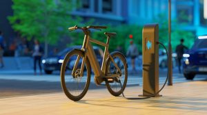 Illustration de la recharge sans fil pour vélos électriques développée par une start-up néerlandaise, image générée par intelligence artificielle.