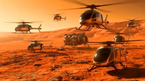 Illustration de six hélicoptères autonomes déployés sur Mars, création générée par intelligence artificielle.