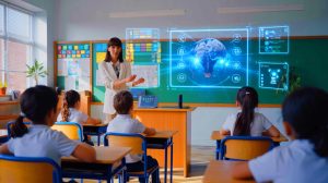 Illustration de l'utilisation croissante de l'intelligence artificielle par les enseignants dans le milieu éducatif, générée par intelligence artificielle.