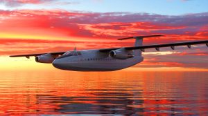 Illustration de l'AG600, le plus grand avion amphibie du monde, en vol au-dessus de l'eau. Image réalisée par IA.