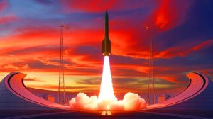Illustration de la réussite du premier essai en vol du missile hypersonique V-MAX par la France, générée par intelligence artificielle.