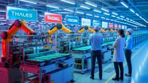 Illustration de l'alliance stratégique entre Thales, Radiall et FoxConn pour le développement d'une usine de semi-conducteurs en France, générée par intelligence artificielle.