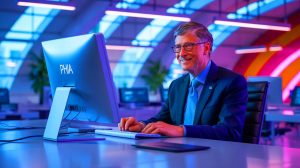 Illustration de Bill Gates travaillant comme conseiller clientèle dans la start-up de sa fille, générée par intelligence artificielle.