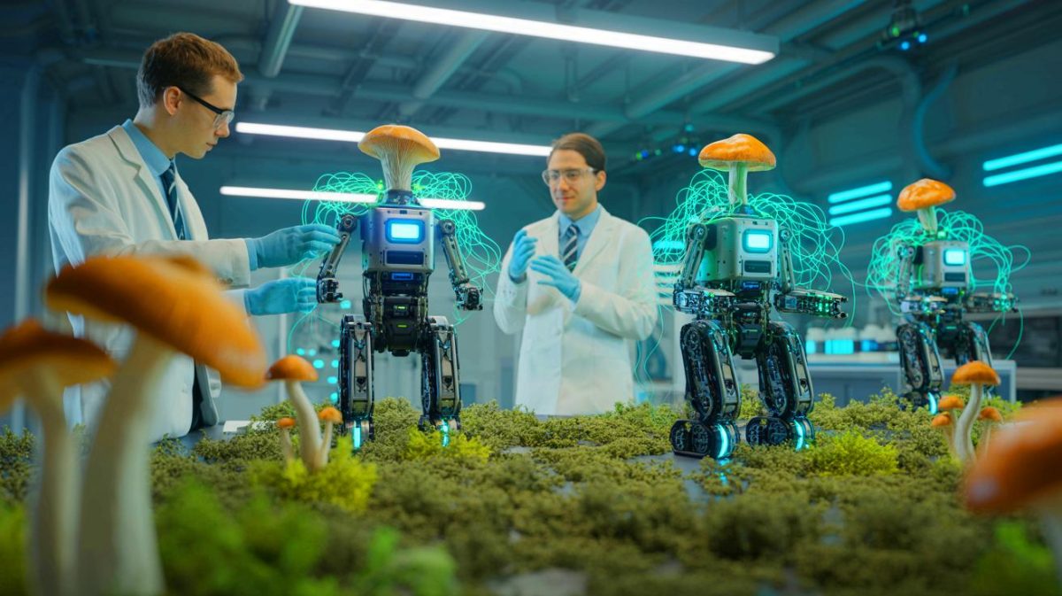 Illustration de robots biohybrides contrôlés par des champignons réagissant à la lumière. Image réalisée par IA.