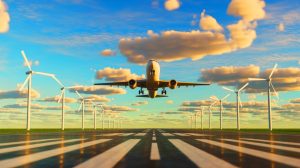 Illustration de la conversion du souffle des avions en énergie verte, générée par intelligence artificielle.