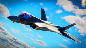 Illustration de l'avion de chasse F/A-XX, avec autonomie augmentée et technologies de pointe, générée par intelligence artificielle.