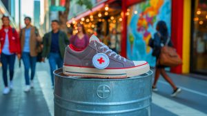 Illustration de l'expérience d'un influenceur traquant des baskets données à la Croix-Rouge à l'aide d'un AirTag, générée par intelligence artificielle.