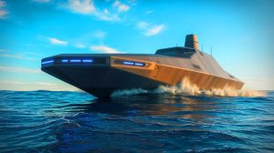 Illustration d'un navire de guerre autonome sans équipage, générée par intelligence artificielle.