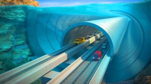 Illustration de la connexion transcontinentale entre le Maroc et l'Espagne à travers le tunnel sous-marin, générée par intelligence artificielle.