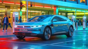 Illustration de l'attrait des voitures électriques d'occasion sur le marché français, créée par intelligence artificielle.