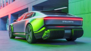 Illustration de l'innovation de Stellantis avec un pot d'échappement pour véhicules électriques. Image réalisée par IA.
