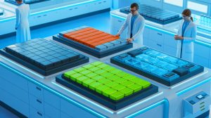 Illustration de l'innovation dans les technologies de batteries pour véhicules électriques, réalisée par intelligence artificielle.