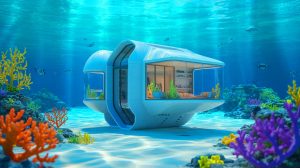 Illustration de la maison sous-marine conçue par impression 3D prévue pour 2025. Image réalisée par IA.