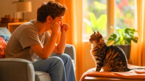 Illustration de la communication entre un humain et un chat par clignement lent, générée par intelligence artificielle.