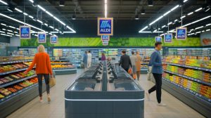 Illustration de l'expérience d'achat sans caisse chez Aldi, générée par intelligence artificielle.