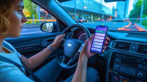 Illustration de l'impact des notifications de smartphone sur l'attention des conducteurs, générée par intelligence artificielle.
