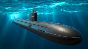 Illustration de l'impressionnant sous-marin nucléaire De Grasse, symbole de la puissance navale française, générée par intelligence artificielle.