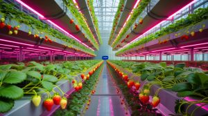 Illustration de la technologie de culture de fraises en serre développée par Dyson.