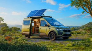 Illustration de l'expérience de vanlife abordable avec le Dacia Sandman équipé de panneaux solaires.