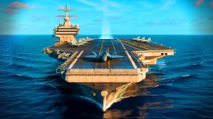 Illustration de l'USS Gerald R. Ford, symbole de la suprématie militaire américaine et des défis technologiques futurs.