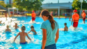Illustration de la responsabilité parentale dans un environnement surveillé tel qu'une piscine municipale.
