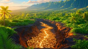 Illustration de la découverte d'un immense gisement d'or à Hawaï et ses implications économiques.