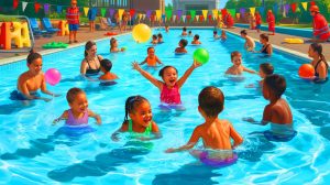 Illustration de la responsabilité parentale lors d'un anniversaire d'enfant à la piscine.