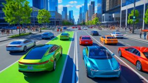Illustration de la cohabitation entre voitures électriques et thermiques dans le marché automobile actuel.