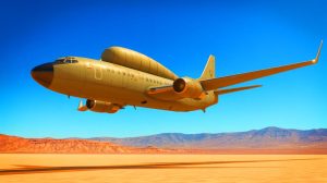 Illustration de l'avion espion RAT55 survolant la Zone 51 dans le désert du Nevada.