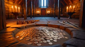 Illustration de la découverte de pièces médiévales sous une église en Norvège.